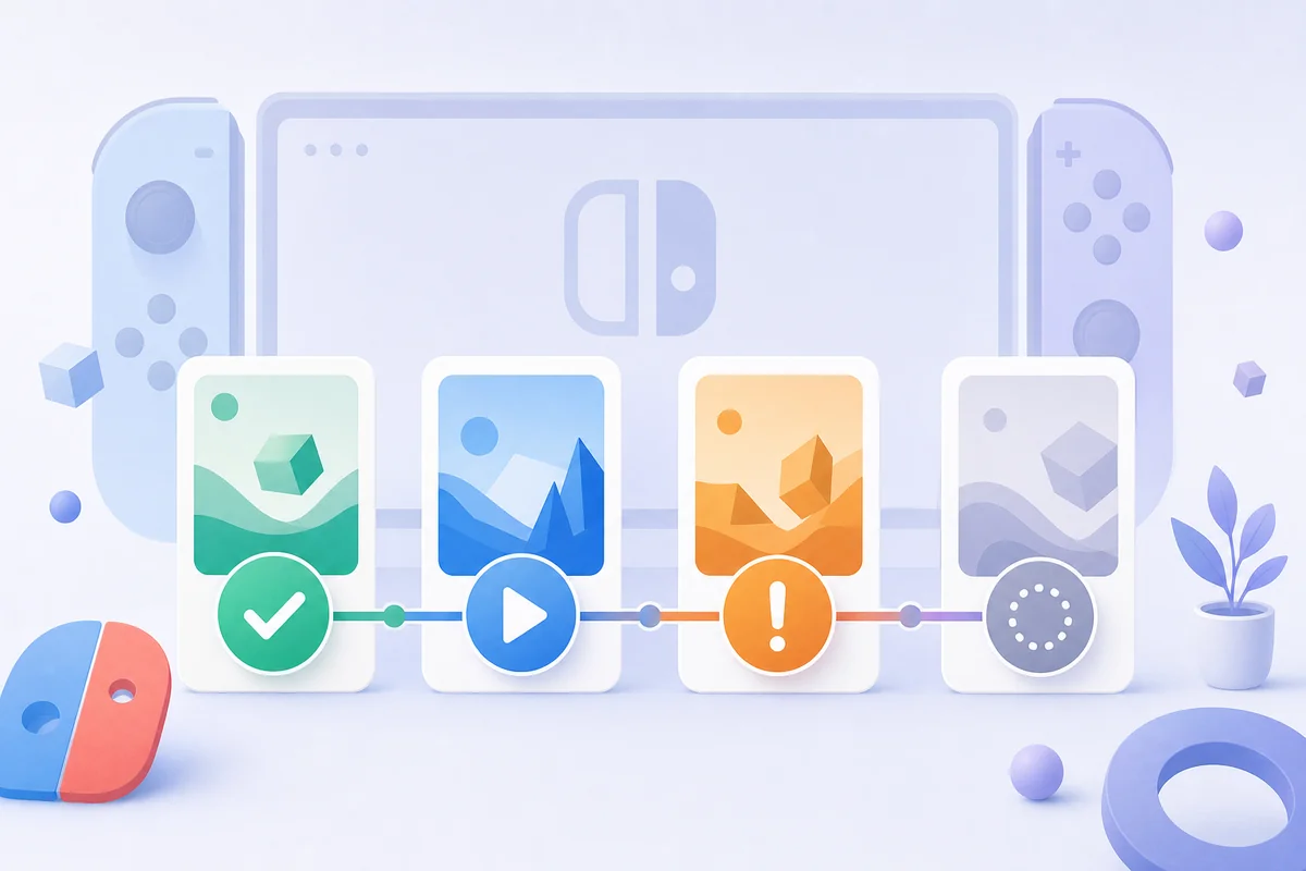 Editorial illustration of Ryujinx compatibility status levels from tested to playable, issues and untested