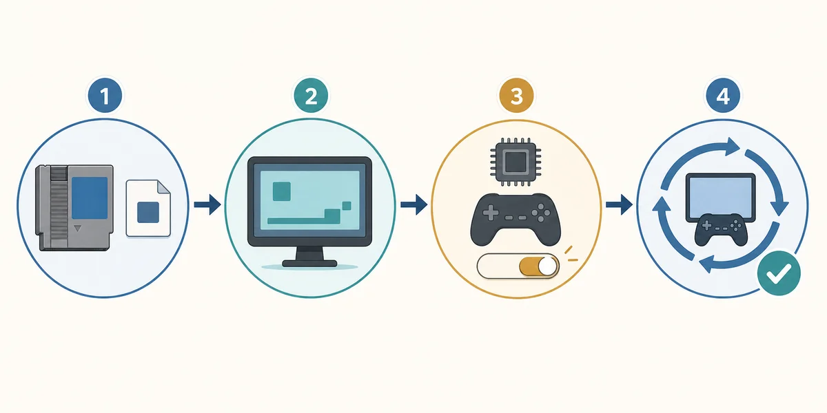 Editorial four-step illustration for checking a Ryujinx compatibility result with a legal game, default settings, one change and a retest