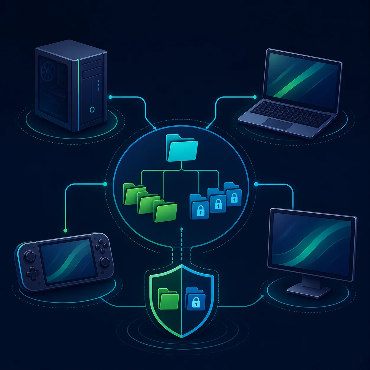 Editorial concept illustration of game folders, platform paths and readable permissions