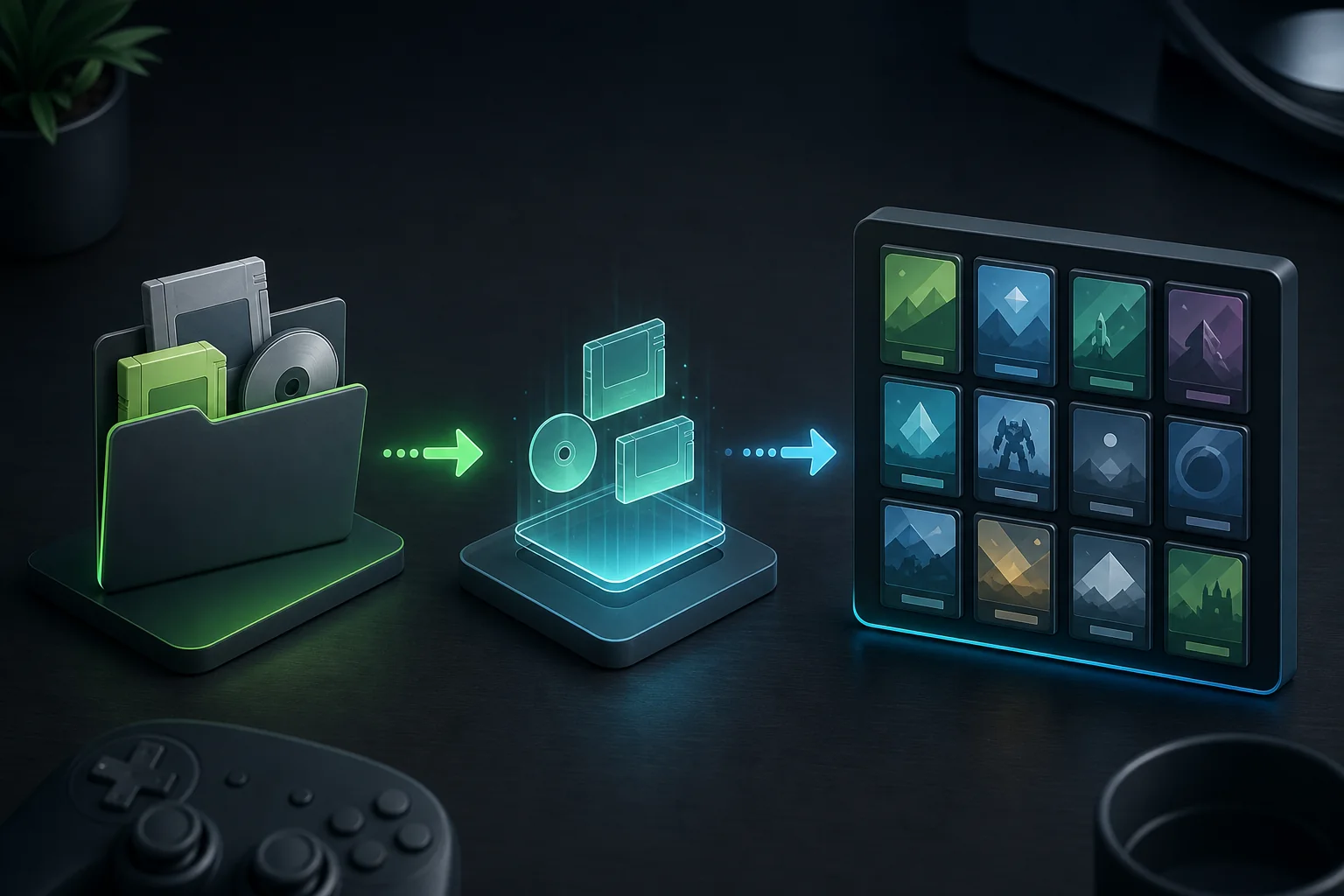 Editorial concept illustration of a local folder flowing into an emulator game library