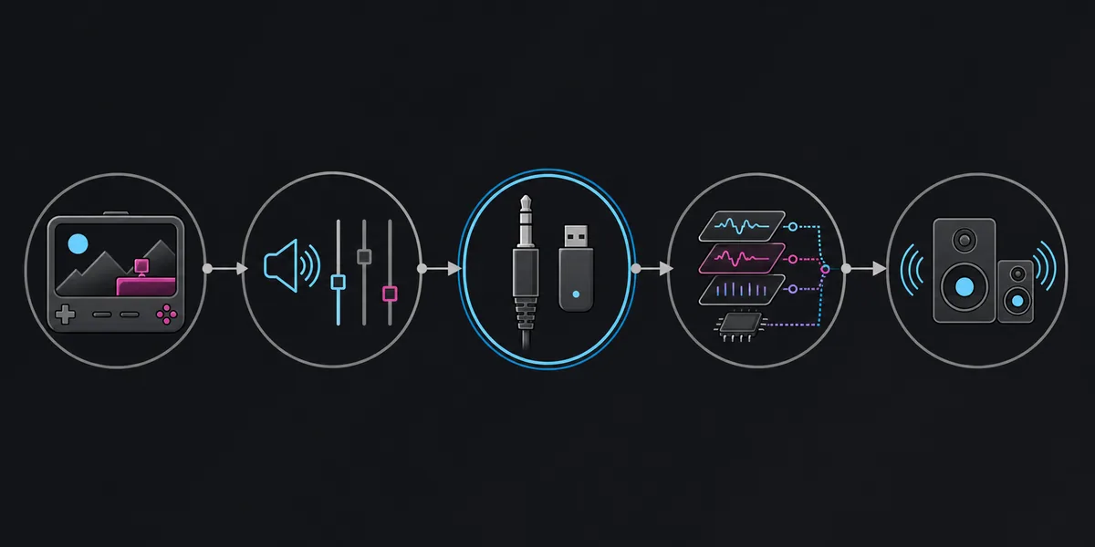 Editorial flow diagram of game audio moving through volume controls, device connection, audio processing and speakers