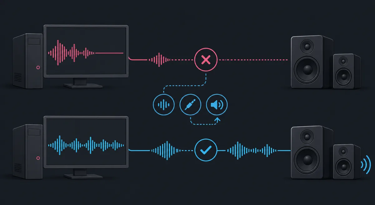 Editorial illustration showing a broken computer audio path becoming a working speaker output after diagnosis