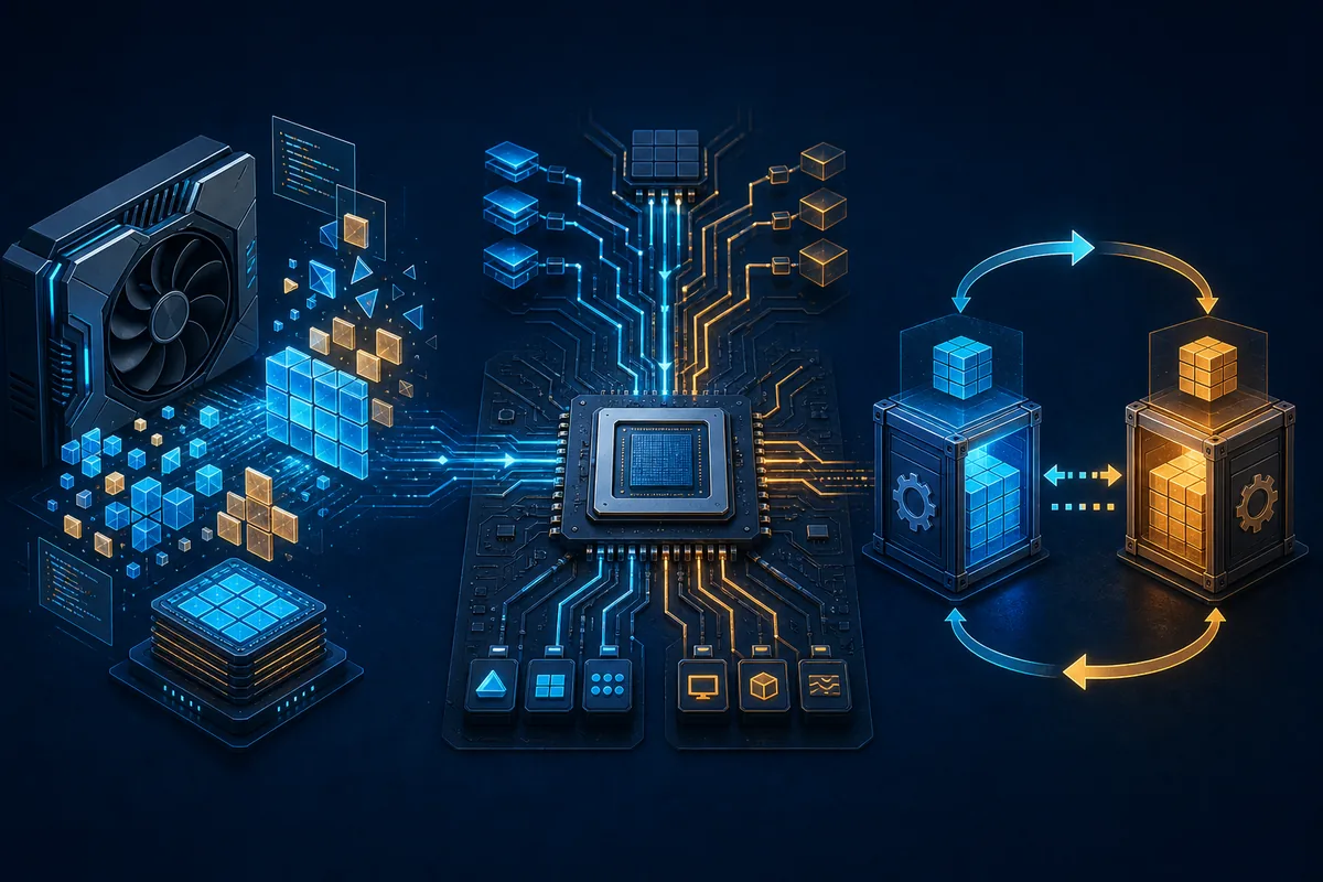 Editorial diagram of a computer, graphics chip and cache blocks in a controlled Ryujinx shader cache troubleshooting loop