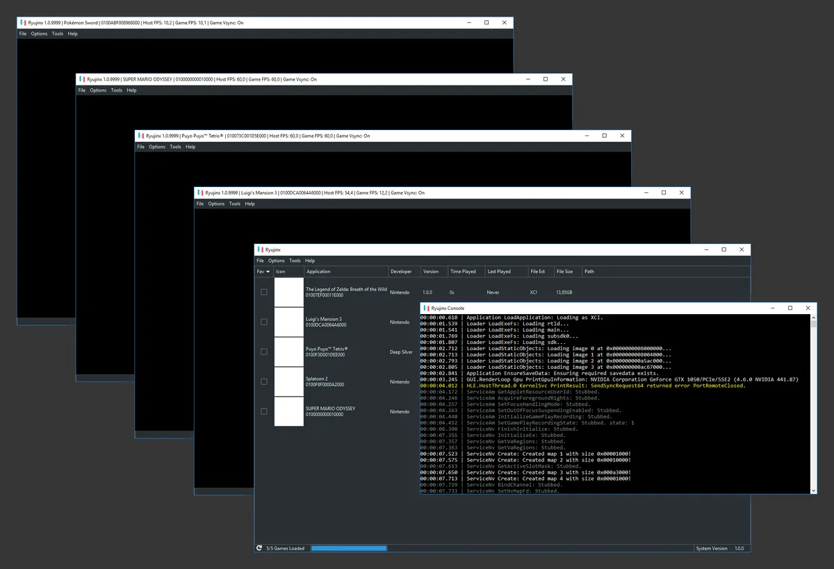 Real historical Ryujinx Windows interface with game windows and console output visible